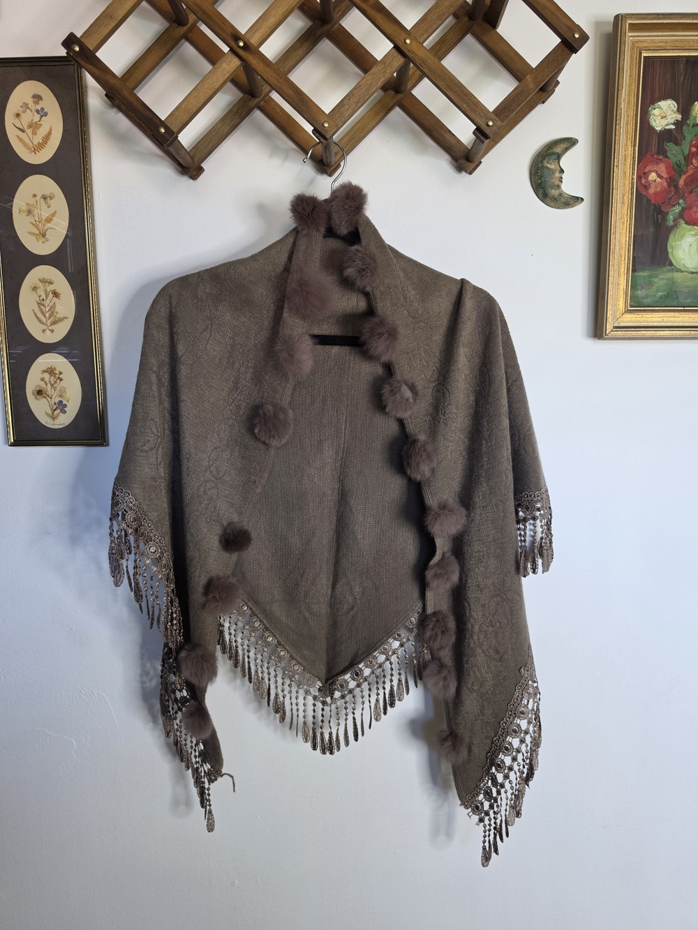 Taupe Brown Pom Pom Fringe Shawl Wrap - Women Accessories Handmade